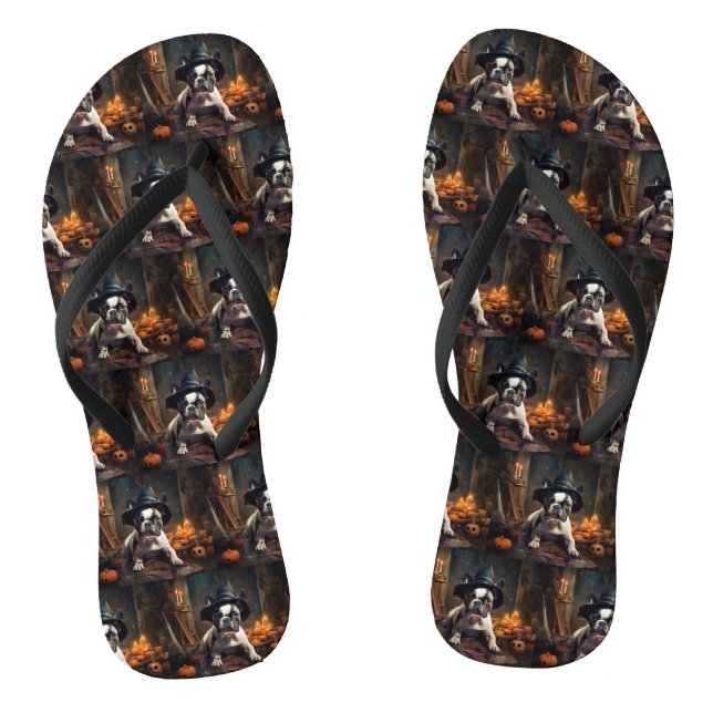 French Bulldog Pumpkins Halloween Scary Flip Flops (Footbed)