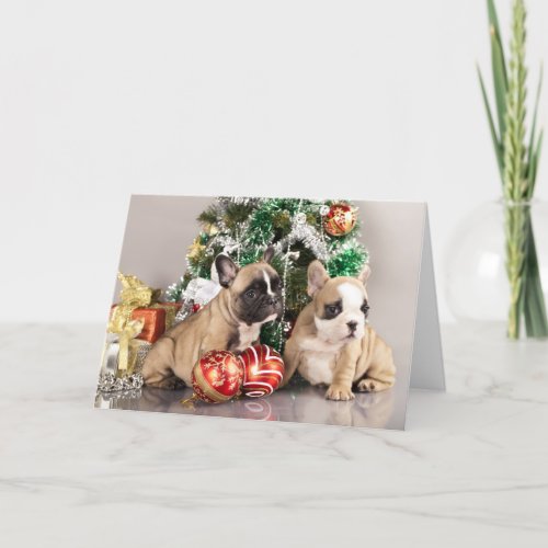French bulldog puppy and Christmas gifts Holiday Card