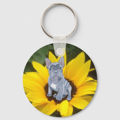 French Bulldog Puppy and Sunflower  Keychain