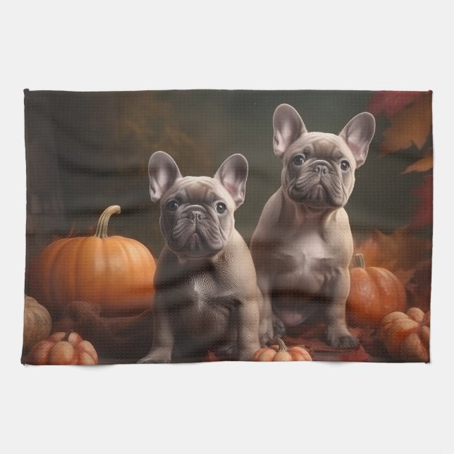 French Bulldog Puppy Autumn Delight Pumpkin Kitchen Towel (Horizontal)