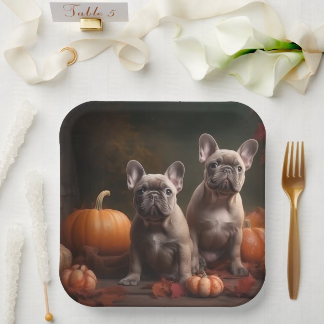 French Bulldog Puppy Autumn Delight Pumpkin Paper Plates (Wedding)
