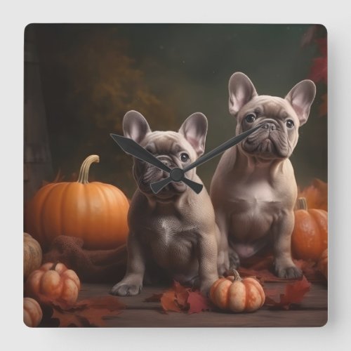 French Bulldog Puppy Autumn Delight Pumpkin Square Wall Clock