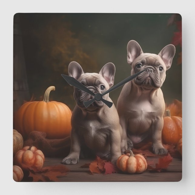 French Bulldog Puppy Autumn Delight Pumpkin Square Wall Clock (Front)