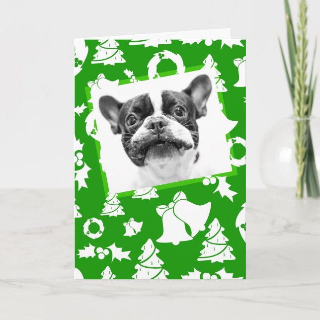 French Bulldog Puppy Christmas Tree bells wreath Holiday Card (Front)