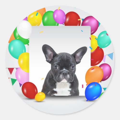 French Bulldog Puppy Colorful Balloons Birthday Classic Round Sticker