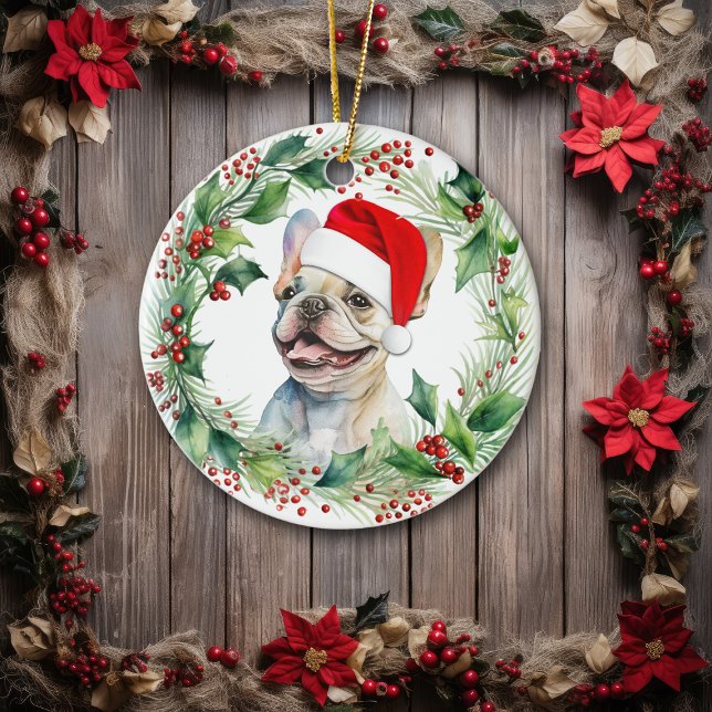 French Bulldog Puppy Holly Wreath Christmas Ceramic Ornament (Creator Uploaded)