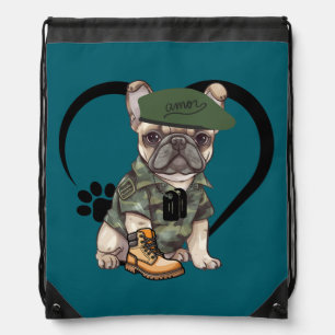 French Bulldog Puppy in Camo Outfit & Green Beret Drawstring Bag