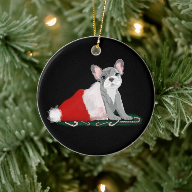 French Bulldog Puppy In Santa’s Hat Ceramic Ornament (Tree)
