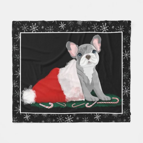 French Bulldog Puppy In Santas Hat Fleece Blanket