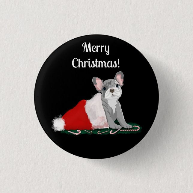 French Bulldog Puppy In Santa’s Hat Keychain Button (Front)