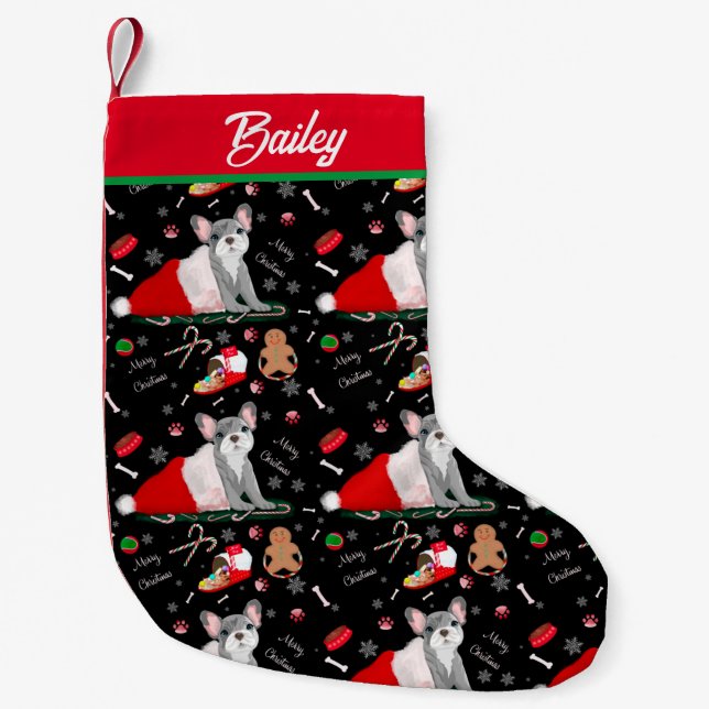 French Bulldog Puppy In Santa’s Hat Pattern Name Small Christmas Stocking (Front)