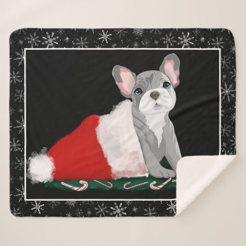 French Bulldog Puppy In Santas Hat Sherpa Blanket