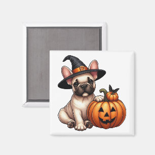 French Bulldog Puppy in Witch Hat with Pumpkin Magnet
