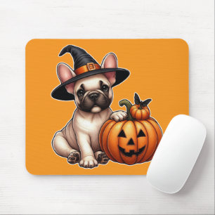 French Bulldog Puppy in Witch Hat with Pumpkin Mouse Pad