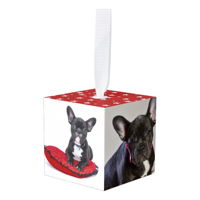 French Bulldog Puppy Personalizable Photo Cube Ornament (Front Angled)