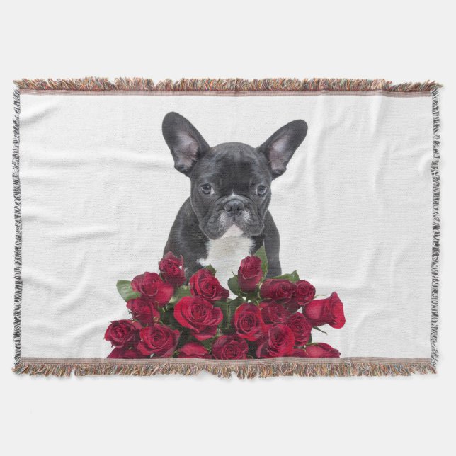 French Bulldog Puppy Roses Flowers Throw White Throw Blanket (Front)