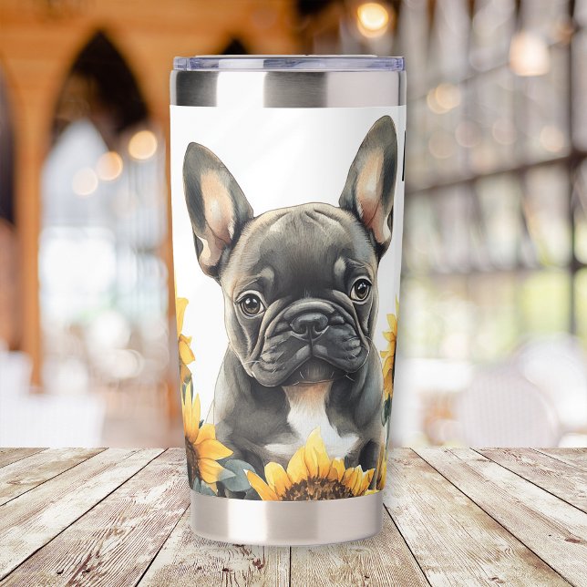 French Bulldog Puppy Sunflowers Watercolor Insulated Tumbler (Creator Uploaded)