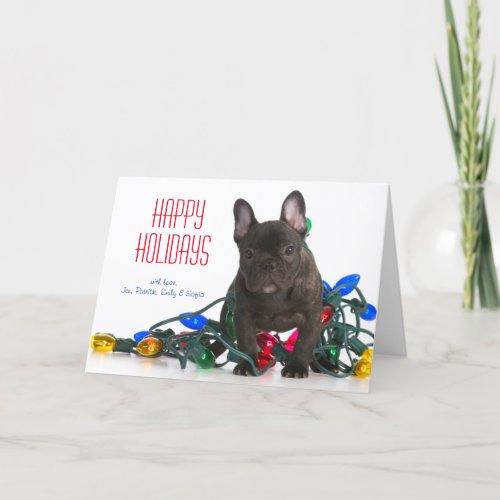 French Bulldog Puppy Tangled In Lights Holiday Card