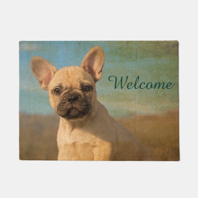 French Bulldog Puppy Vintage, Personalized Welcome Doormat (Front)