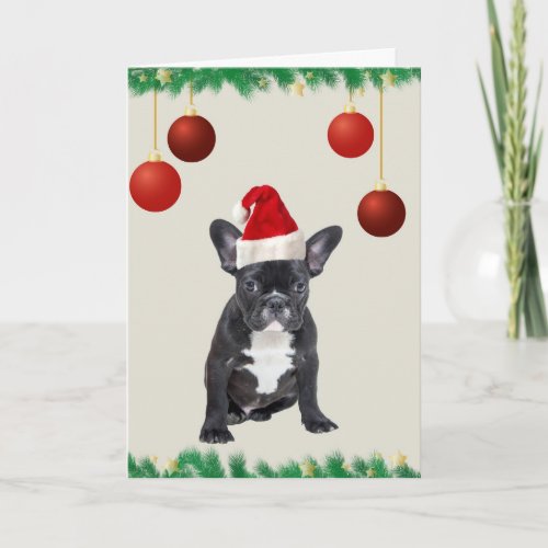 French Bulldog Puppy w Santa Hat Christmas Baubles Holiday Card