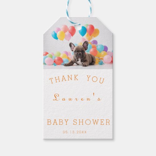 French bulldog puppy with balloons gift tags