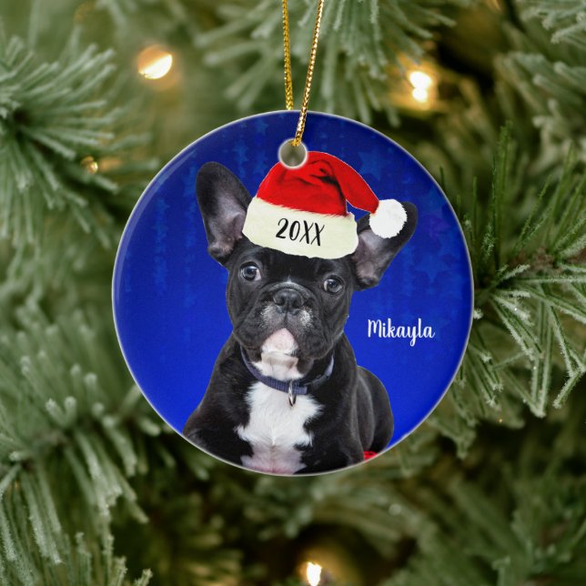 French Bulldog Puppy with Santa Hat Christmas Ceramic Ornament (Tree)