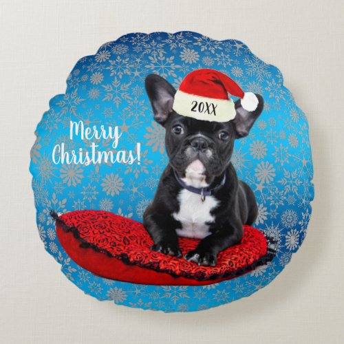 French Bulldog Puppy with Santa Hat Christmas Round Pillow