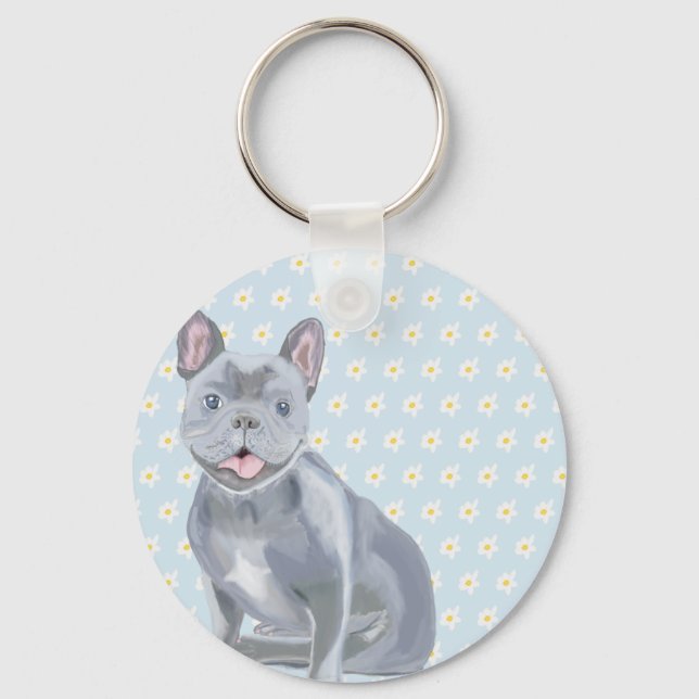 French Bulldog Puppy with white flowers Keychain (Front)