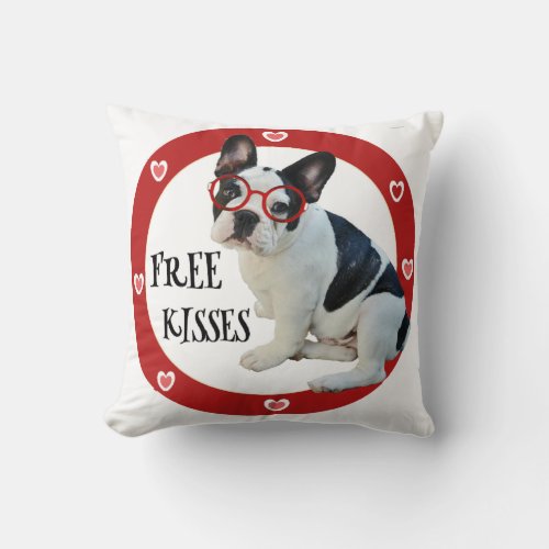 French Bulldog _ Red Glasses Free Kisses Throw Pillow