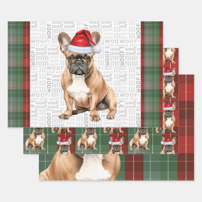 French Bulldog Red Green Holiday Plaid Christmas Wrapping Paper Sheets (Set)