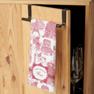FRENCH BULLDOG Red Toile Kitchen Towel