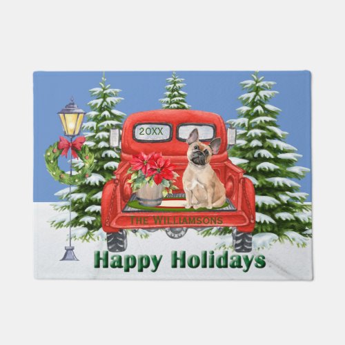 French Bulldog Red Vintage Truck Family Name Doormat