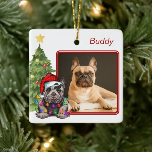 French Bulldog Red White Two Photo Dog Christmas Ceramic Ornament