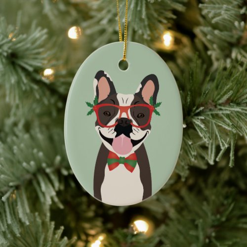 French Bulldog Reindeer Christmas Lights Ceramic Ornament