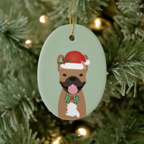 French Bulldog Reindeer Christmas Lights Ceramic Ornament