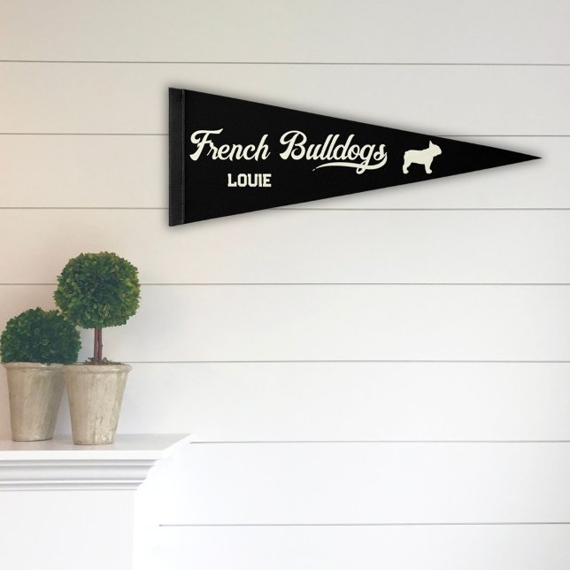 French Bulldog Retro Script Personalized - Black Pennant Flag (Vintage Sporty Personalized French Bulldog Pennant Black and Ivory)