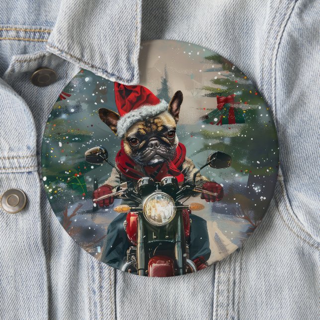 French Bulldog Riding Motorcycle Christmas Button (In Situ)