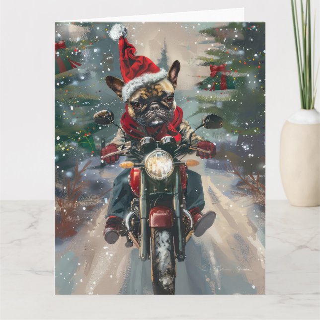 French Bulldog Riding Motorcycle Christmas Card (Front)