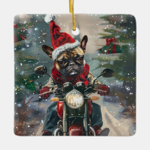 French Bulldog Riding Motorcycle Christmas Ceramic Ornament