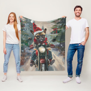 French Bulldog Riding Motorcycle Christmas Fleece Blanket