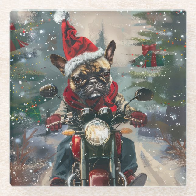 French Bulldog Riding Motorcycle Christmas Glass Coaster (Front)