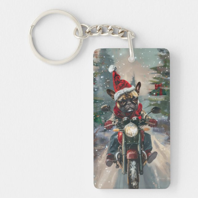 French Bulldog Riding Motorcycle Christmas Keychain (Front)