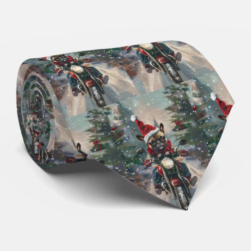 French Bulldog Riding Motorcycle Christmas Neck Tie