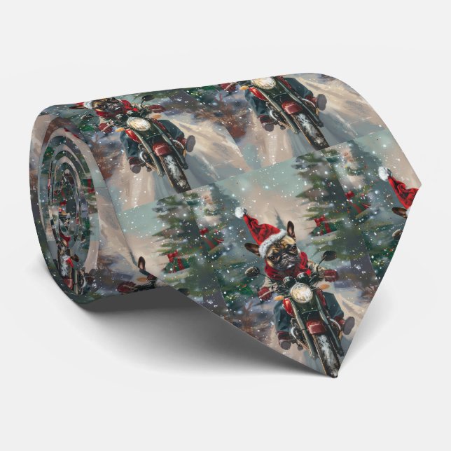 French Bulldog Riding Motorcycle Christmas Neck Tie (Rolled)