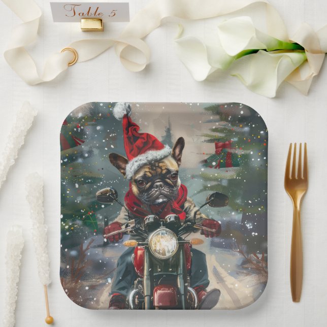 French Bulldog Riding Motorcycle Christmas Paper Plates (Wedding)