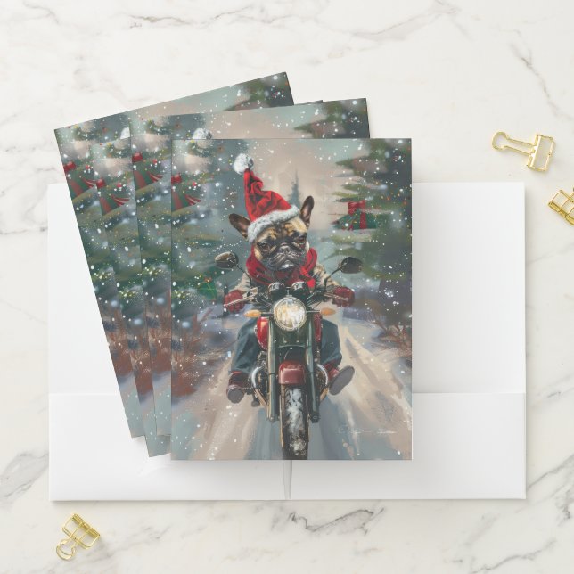 French Bulldog Riding Motorcycle Christmas Pocket Folder (In Situ)