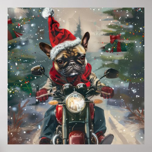 French Bulldog Riding Motorcycle Christmas Poster