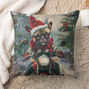 French Bulldog Riding Motorcycle Christmas Throw Pillow