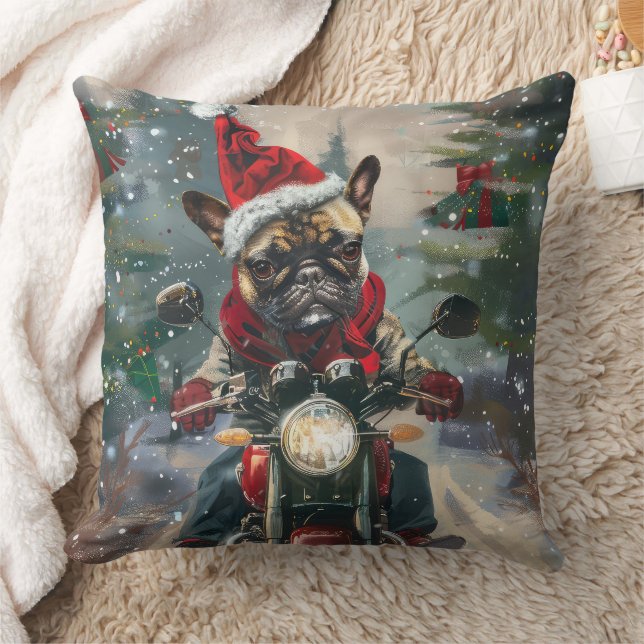 French Bulldog Riding Motorcycle Christmas Throw Pillow (Blanket)