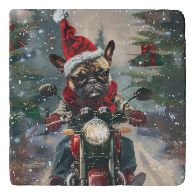 French Bulldog Riding Motorcycle Christmas Trivet (Front)